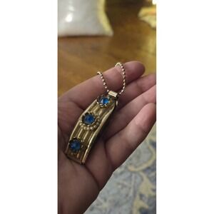 Blue Glass Seed Pearl Pendant Vintage Goldtone 1940s